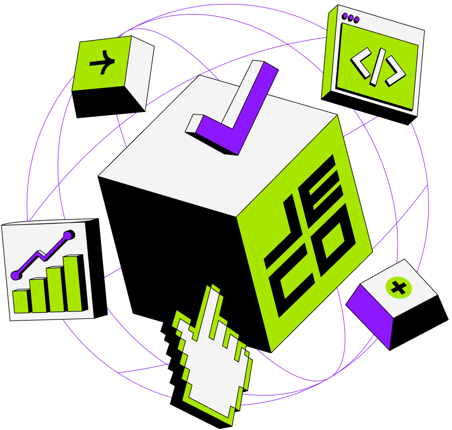 JECO logo with coding related illustrations floating